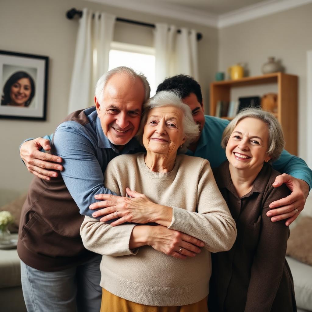 Family embracing an elderly loved one at home